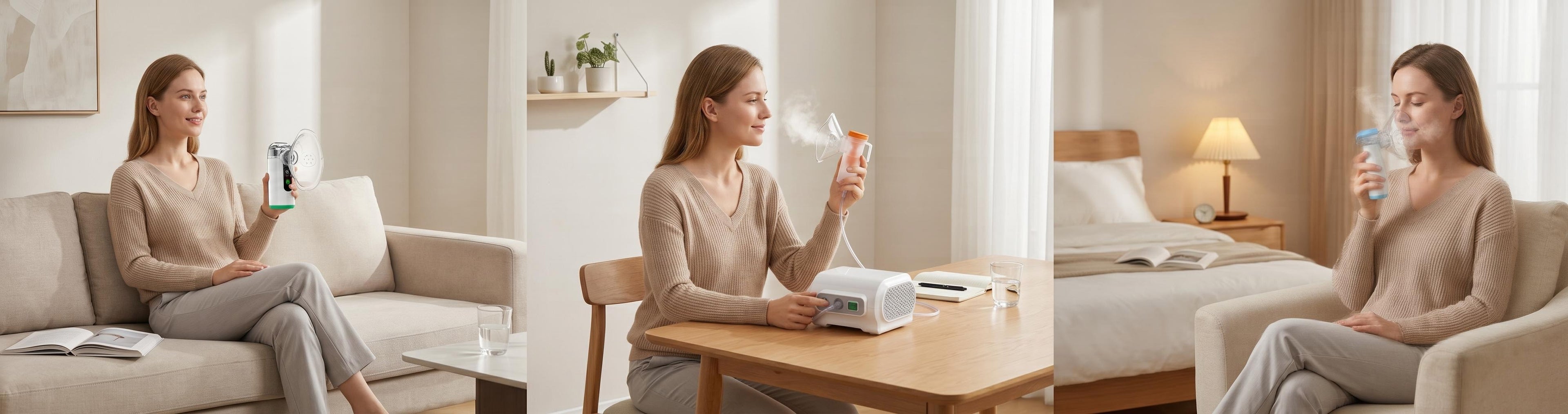 Woman using a nebulizer in a living room settiing